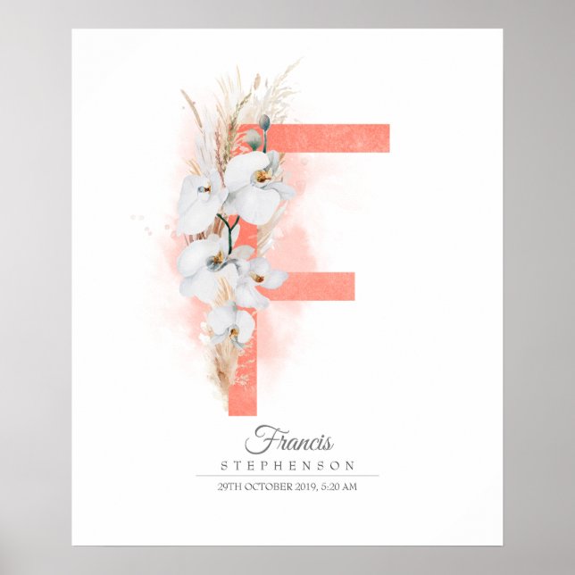F Letter Monogram White Orchias and Pampas Grass Poster (Vorne)