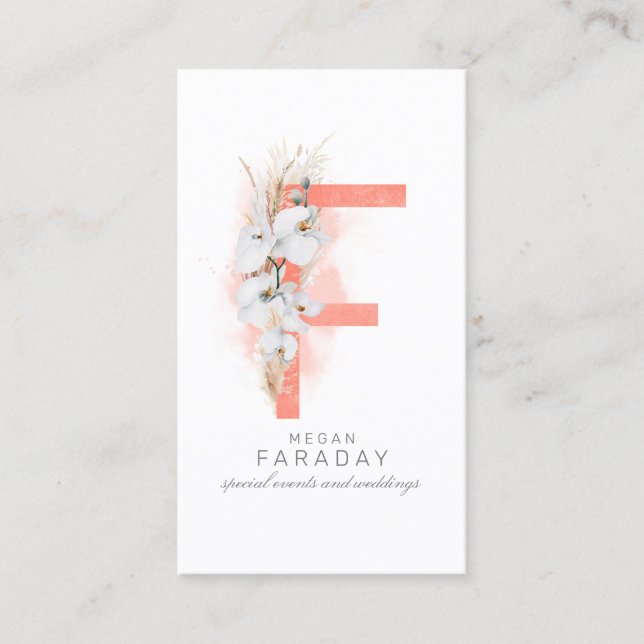 F Letter Monogram White Orchias and Pampas Grass Visitenkarte (Vorderseite)