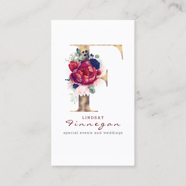 F Monogram Burgundy Gold und Navy Blue Floral Visitenkarte (Vorderseite)