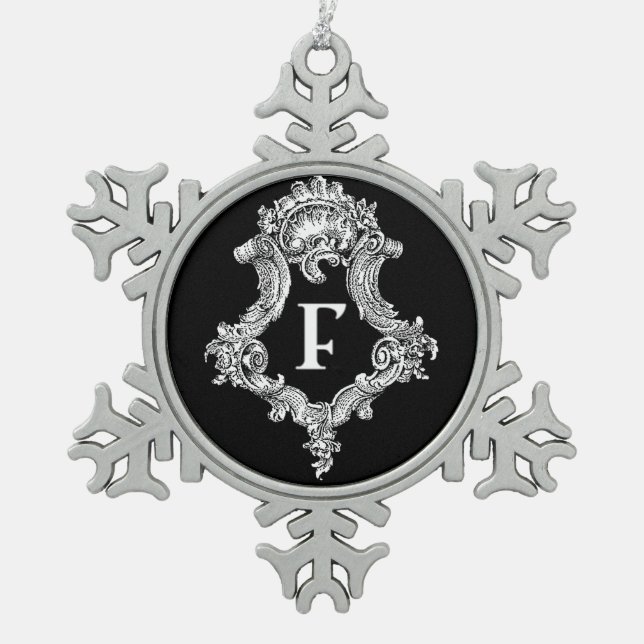 F Monogramm Erstverzierung Schneeflocken Zinn-Ornament (Vorderseite)