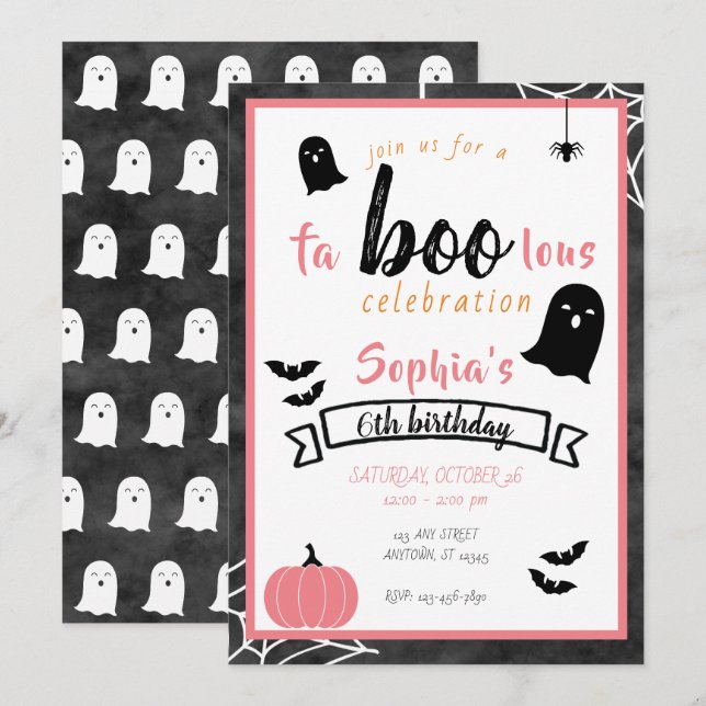 Fa"boo"lous Girls Birthday Ghost Halloween Einladung (Vorne/Hinten)