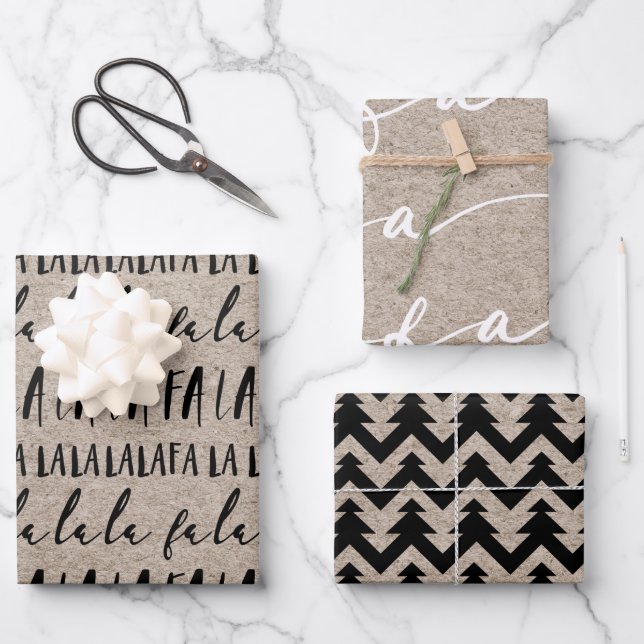 FA LA Kraft Paper & Black Typographic Christmas Geschenkpapier Set (Vorderseite)