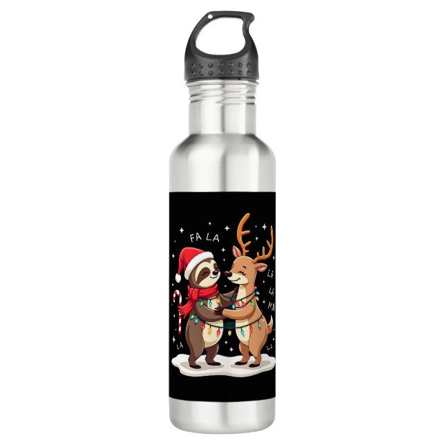 Fa La La Llama Xmas Lights Sloth Riding Llama Chri Edelstahlflasche (Vorderseite)