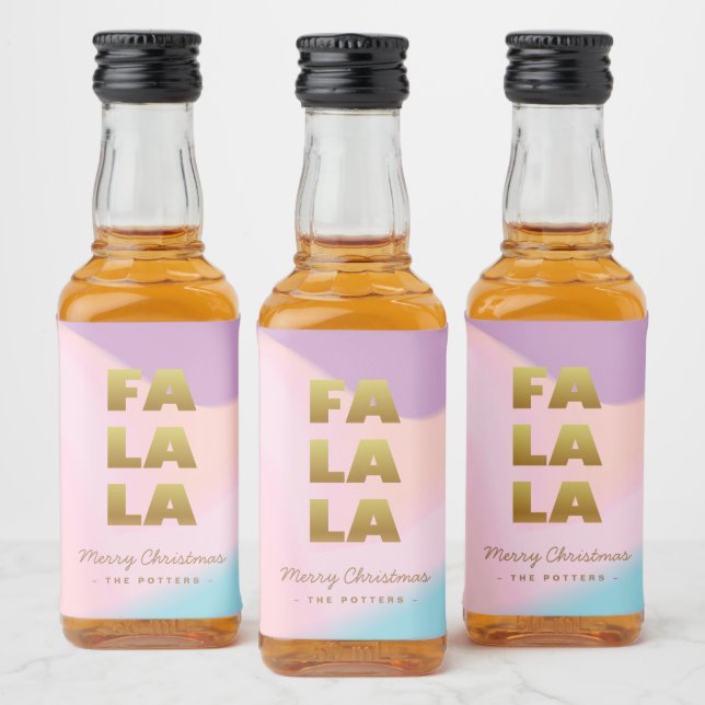 Fa La La | Pastell Pink Gradient & Gold Weihnachte Alkoholflaschenetikett (Flaschen)