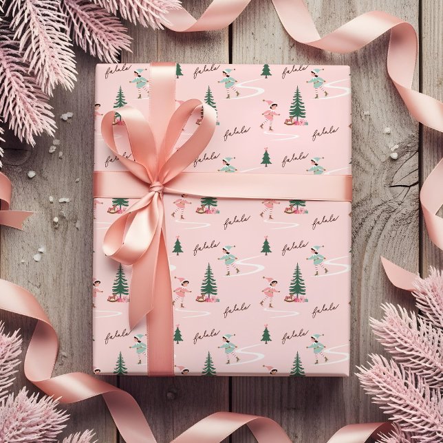 Fa La Niedlich Pink Elf Ice Skaten Girly Geschenkpapier (Fa La La Cute Pink Elf Ice Skating Girly Wrapping Paper)