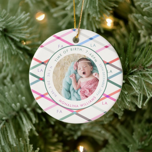 Fa La Pastel Muster Birth Stats Baby Christmas Keramik Ornament (Baum)