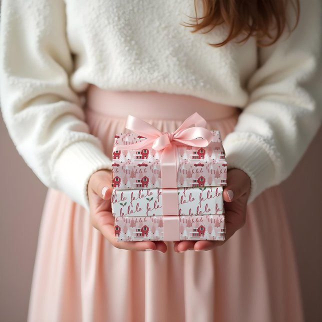 Fa La Pink Vintage Weihnachtsbaum Landschaft Geschenkpapier Set (Fa La Pink Vintage Christmas Tree Farm Scenery Wrapping Paper Sheets)