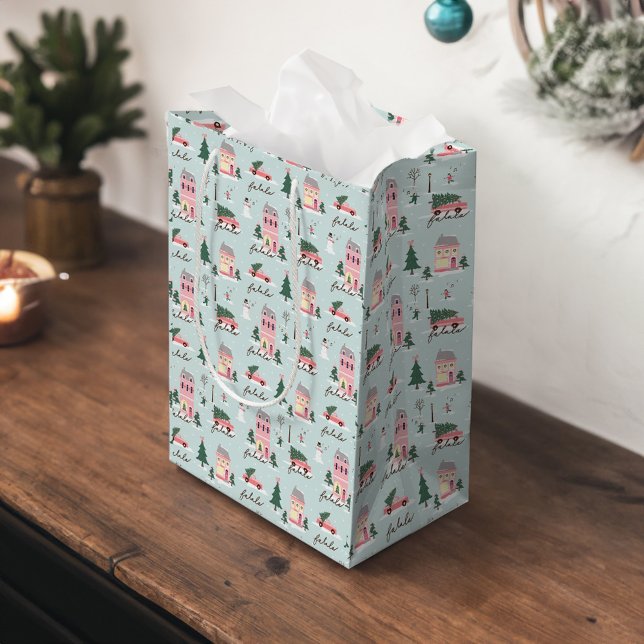 Fa La Zuhause für die Ferienstadt & Pink Retro Van Mittlere Geschenktüte (Fa La Home For The Holidays Town & Pink Retro Van Medium Gift Bag)