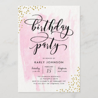 Fab Pink Watercolor Gold Confetti Geburtstagsparty Einladung