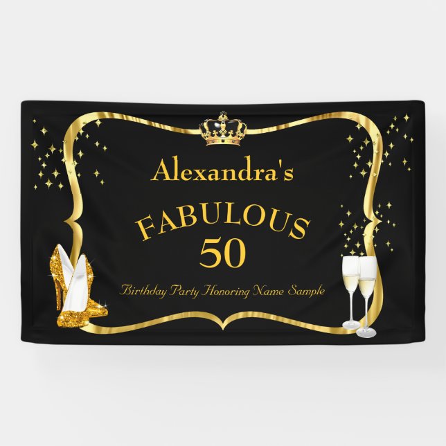 fabelhafte 50 Black Gold Heelse Champagne Geburtst Banner (Horizontal)