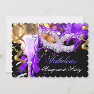 Fabelhafte lila-goldene schwarze Maskenparty 3 Einladung