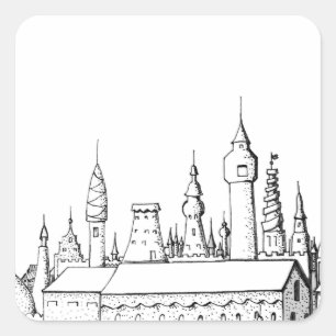 fabelhafte Stadt . Kunstwerke in Schwarz-Weiß. Quadratischer Aufkleber