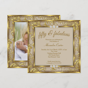 Fabelhaftes 50. Foto Beige Braun Damast Gold Party Einladung