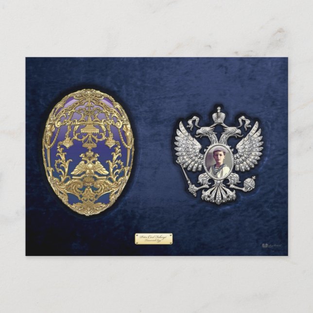 Faberge Tsarevich Egg mit Überraschung auf blauem  Postkarte (Vorderseite)