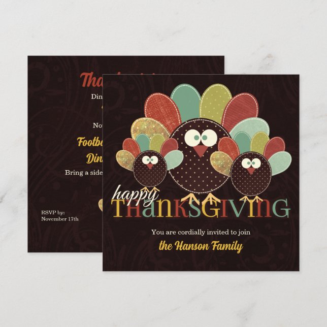 Fabric Turkey Family Ansammlung Erntedank Einladung (Vorne/Hinten)