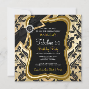 Fabuleux 50 Pearl Gold Bow Black Damask Invitation