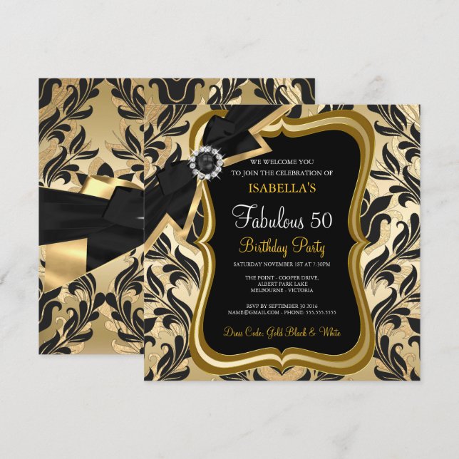 Fabuleux 50 Pearl Gold Bow Black Damask Invitation (Devant / Derrière)