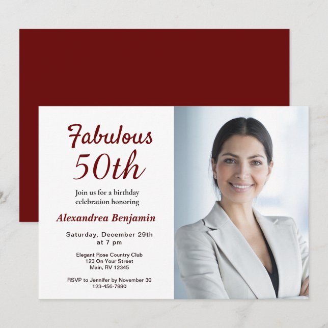 Fabuleux 50ème Photo Rouge Anniversaire Invitation (Devant / Derrière)
