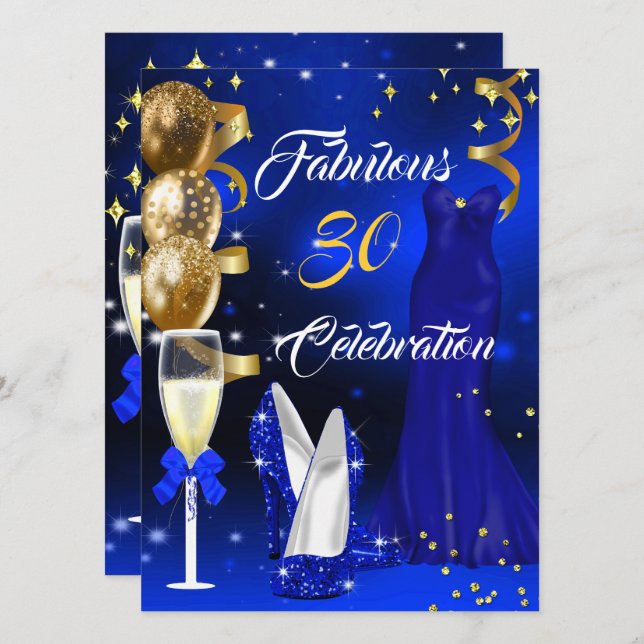 Fabulous 30 Champagne Party Royal Blue Heelses Gol Einladung (Vorne/Hinten)