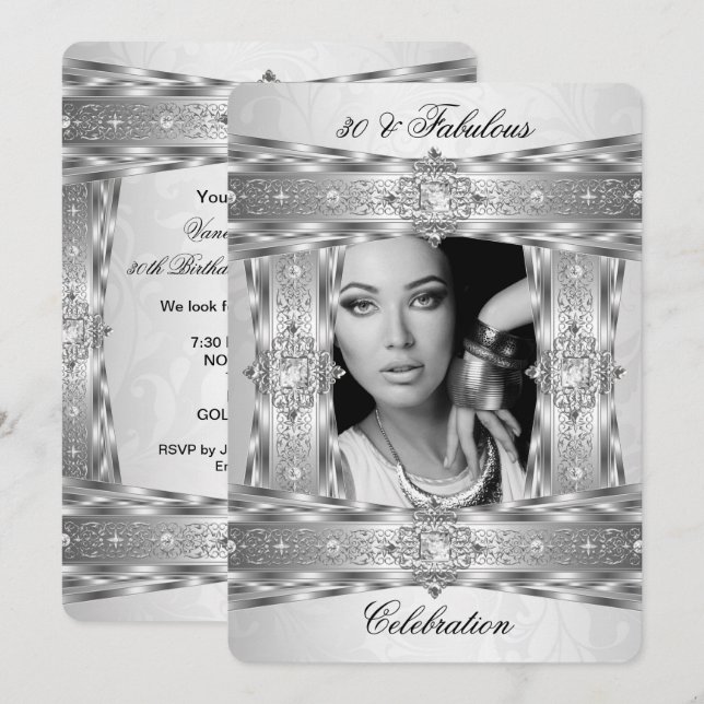 Fabulous 30 Elegant Diamond Gem Silver White Foto Einladung (Vorne/Hinten)