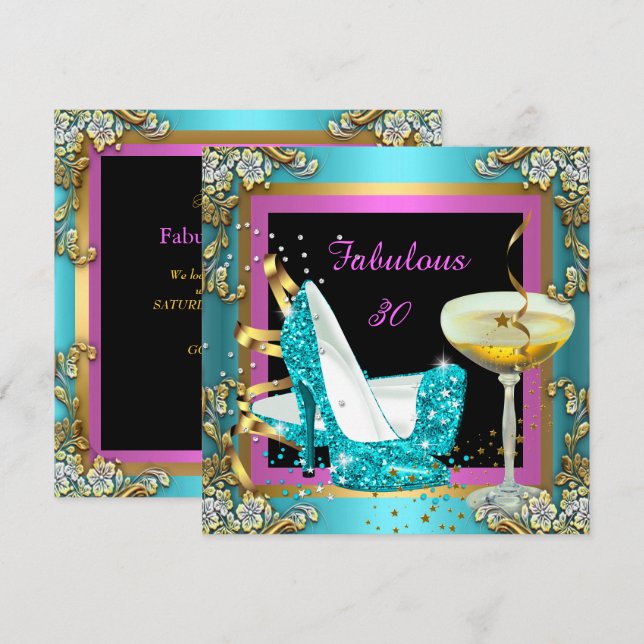 Fabulous 30 Pink Aquamarin Gold Champagne Geburtst Einladung (Vorne/Hinten)