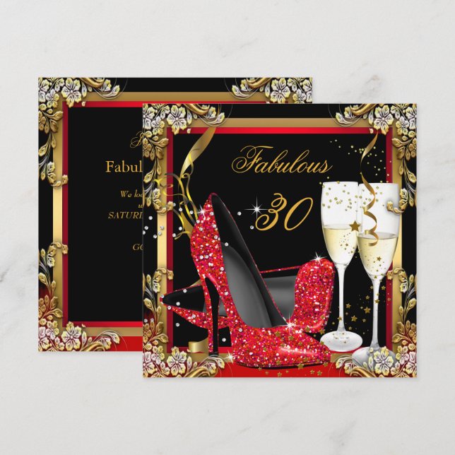 Fabulous 30 Red Heelses Gold Black Champagne Party Einladung (Vorne/Hinten)