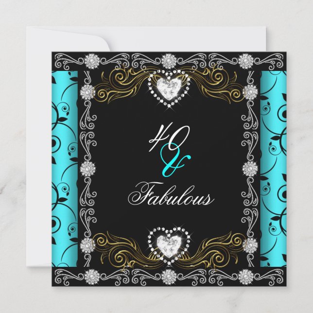 Fabulous 40 Damask Aquamarin Black Silver 40. Gebu Einladung (Vorderseite)