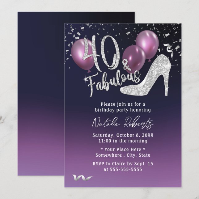 Fabulous 40 Deep Lila Girl 40. Geburtstag Einladung (Vorne/Hinten)