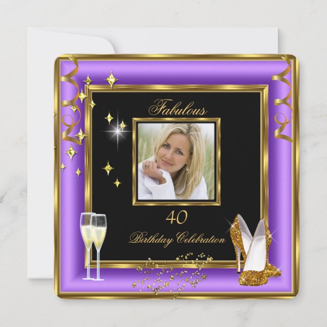 Fabulous 40 Foto Lila Gold Champagner Heelse 2 Einladung (Vorderseite)