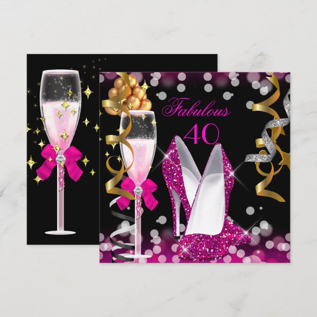 Fabulous 40 Hot Pink Gold Black Bubbles Party Einladung (Vorne/Hinten)