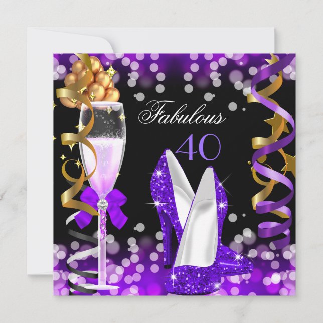 Fabulous 40 Lila Black Gold Bubbles Party Einladung (Vorderseite)