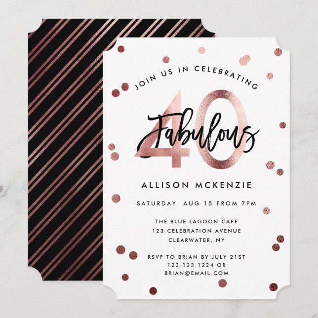 Fabulous 40 | Moderne Rose Gold Brushed Birthday Einladung (Vorne/Hinten)