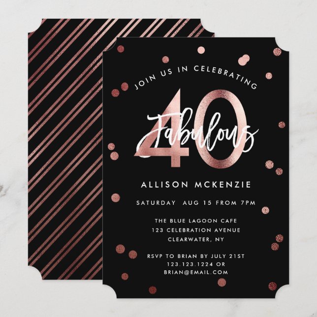 Fabulous 40 | Moderne Rose Gold Stilvoll Geburtsta Einladung (Vorne/Hinten)
