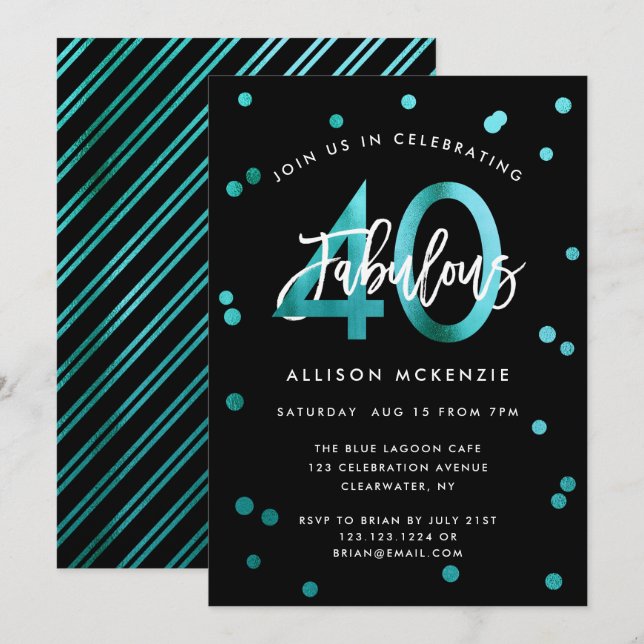 Fabulous 40 | Moderne Stilvolle Girly Aquamarin Ge Einladung (Vorne/Hinten)
