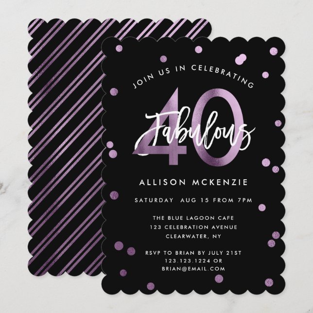 Fabulous 40 | Moderner Lilac Lila Stilvoll Geburts Einladung (Vorne/Hinten)