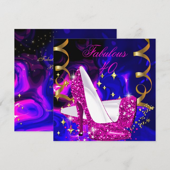Fabulous 40 Pink Blue Gold Heelse Abstrakt Geburts Einladung (Vorne/Hinten)
