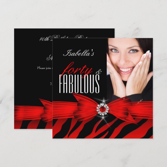 Fabulous 40 Red Zebra Black Foto Geburtstag Einladung (Vorne/Hinten)