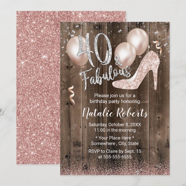 Fabulous 40 Rose Gold High Heel Barn Holz Geburtst Einladung (Vorne/Hinten)