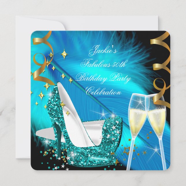 Fabulous 50. Aquamarin Blue Glitzer High Heel Gebu Einladung (Vorderseite)