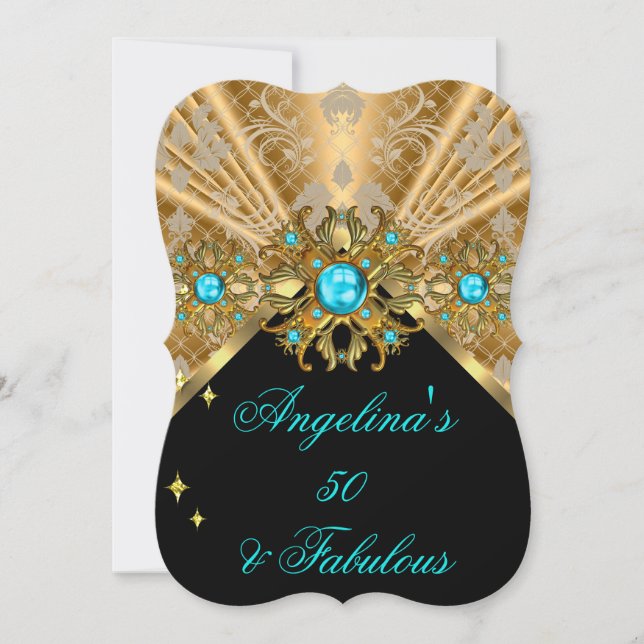 Fabulous 50 Aquamarin Blue Gold Black Damask Gebur Einladung (Vorderseite)