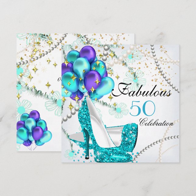 Fabulous 50 Aquamarin Blue High Heels Floral Gebur Einladung (Vorne/Hinten)