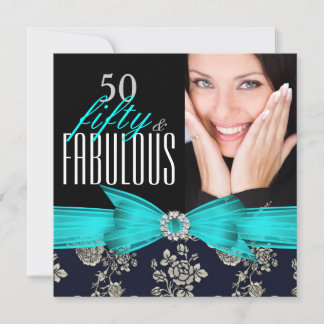 Fabulous 50 Aquamarin Blue Navy Damask Geburtstags Einladung