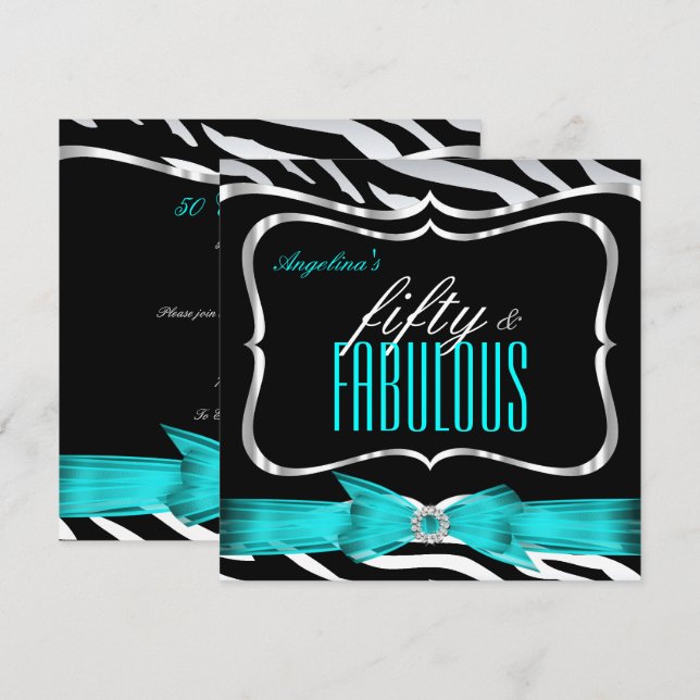 Fabulous 50 Aquamarin Blue Zebra Black Elegant Geb Einladung (Vorne/Hinten)