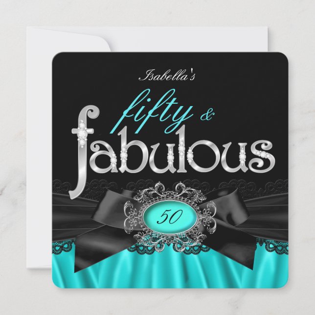 Fabulous 50 Aquamarine Seidenschwarz Elster Geburt Einladung (Vorderseite)