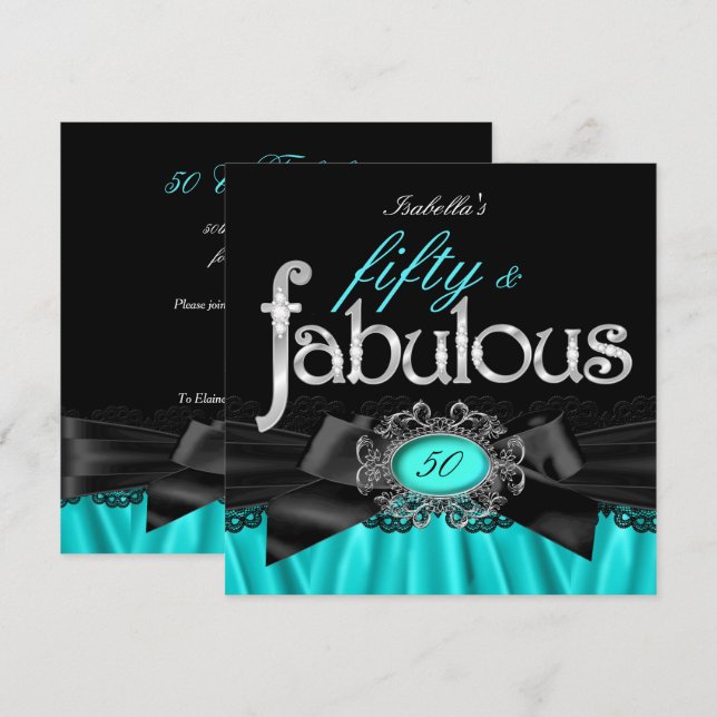 Fabulous 50 Aquamarine Seidenschwarz Elster Geburt Einladung (Vorne/Hinten)