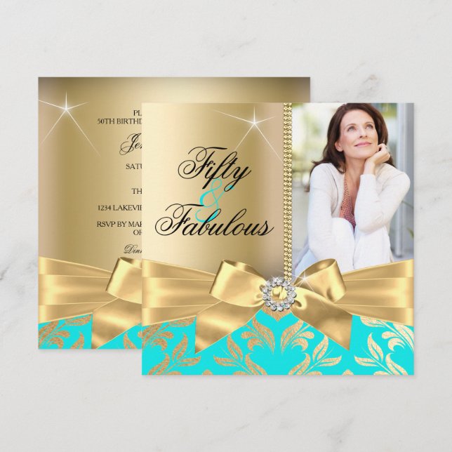 Fabulous 50. Aquamarines Gold Leaf & Bow 50. Gebur Einladung (Vorne/Hinten)