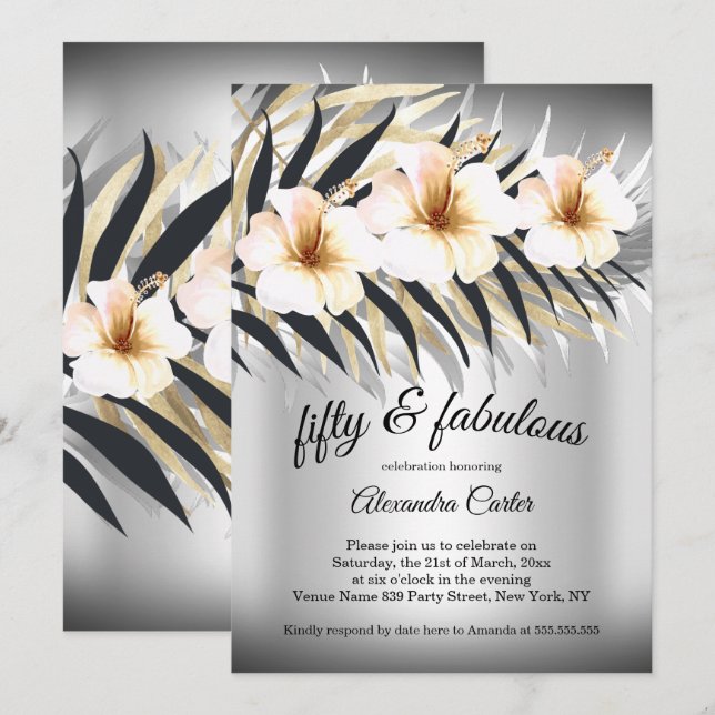 Fabulous 50 Beige Silver Gold Hibiskus Party Einladung (Vorne/Hinten)