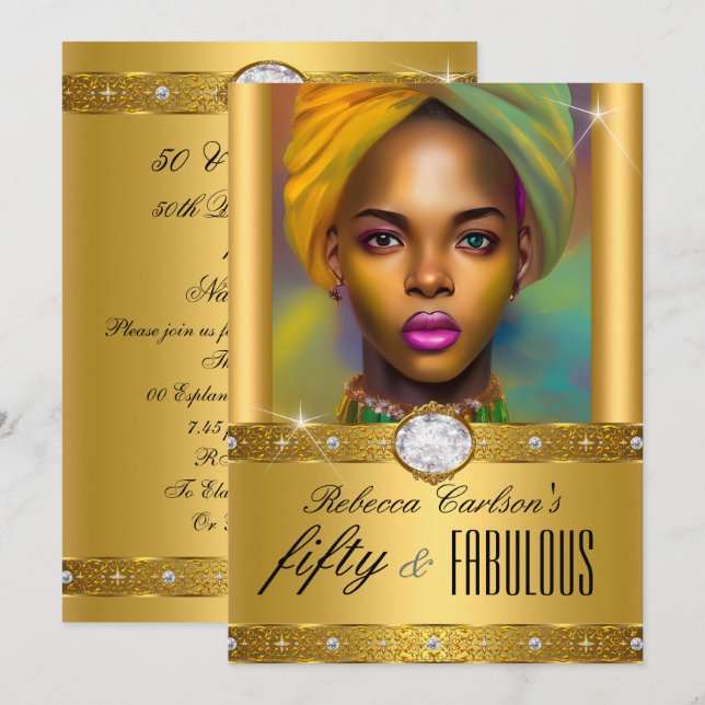 Fabulous 50 Birthday Foto Gold Diamonds Einladung (Vorne/Hinten)