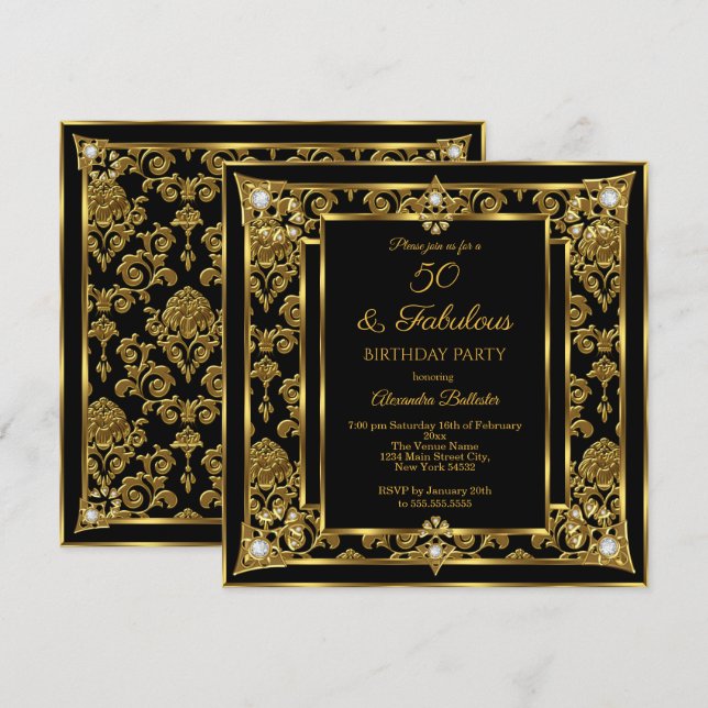 Fabulous 50 Birthday Gold Black Damask Diamond Einladung (Vorne/Hinten)