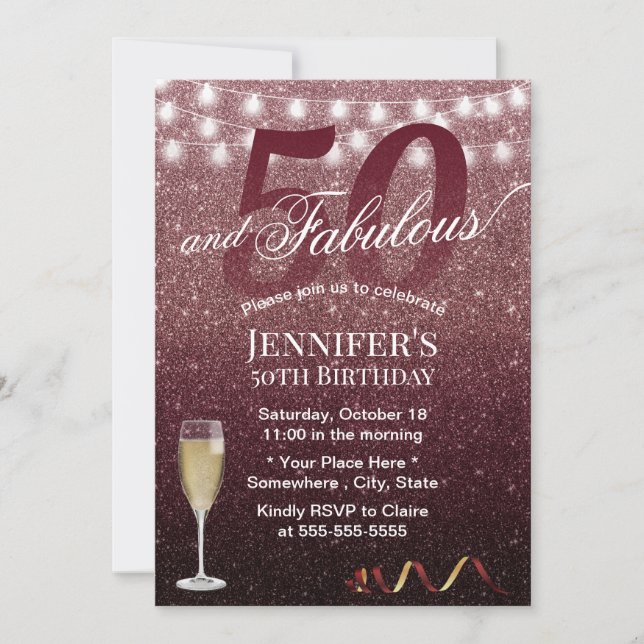 Fabulous 50 Birthday Modern Burgund Red Glitzer Einladung (Vorderseite)